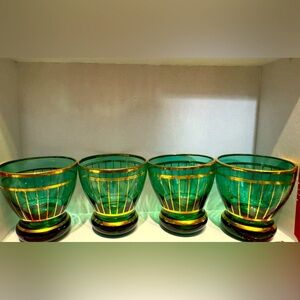 Vintage Art Deco Green and Gold Cordial, Shot Liqueur Glasses 1960s Set Of 4